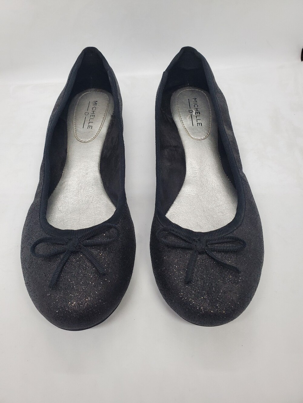 Michelle D Black Sparkle Jacey Ballet Flat Size 7.5 M shoes round toe bow Women